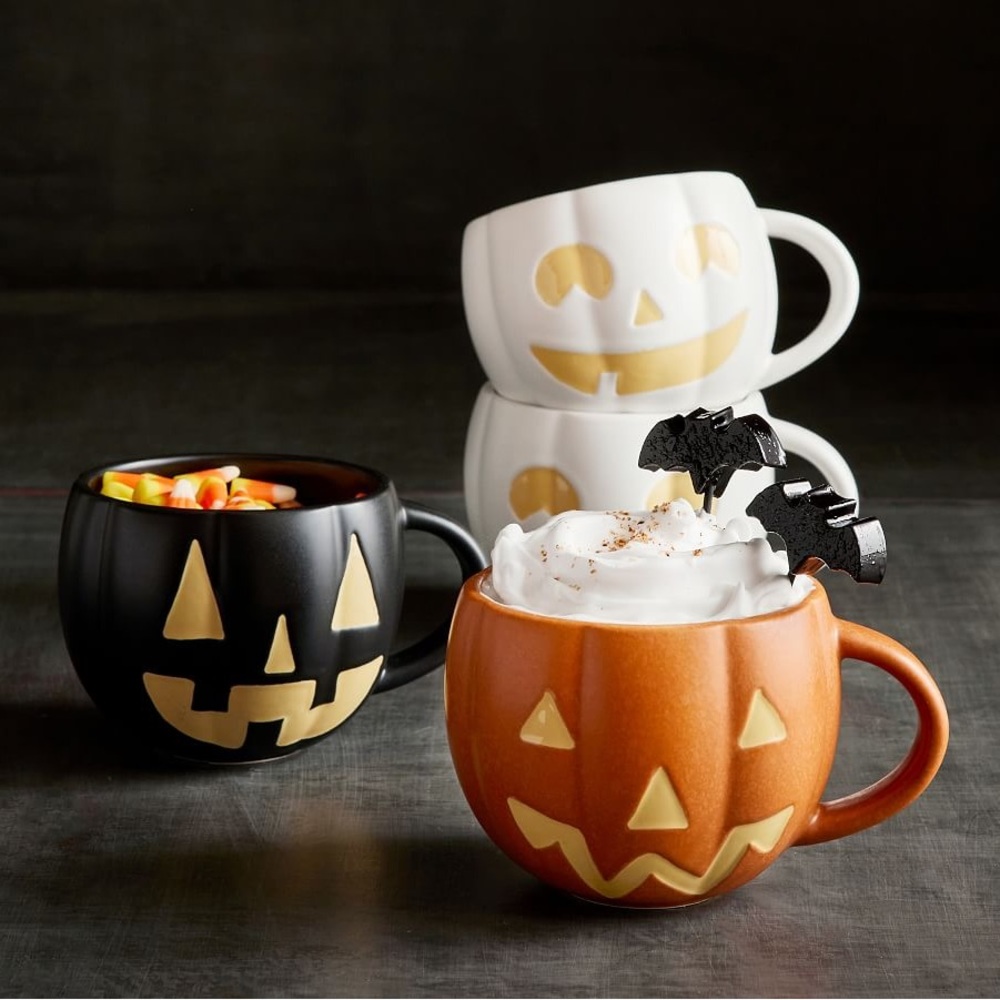 Pottery Barn Black Jack O'Lantern Pumpkin Stoneware Mugs - Set of 4 🎃 - Picture 3 of 16